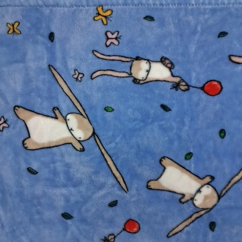 Binks & Books Blue Plush Bunny Baby Blanket Soft Fleece Lovey Balloon Flower